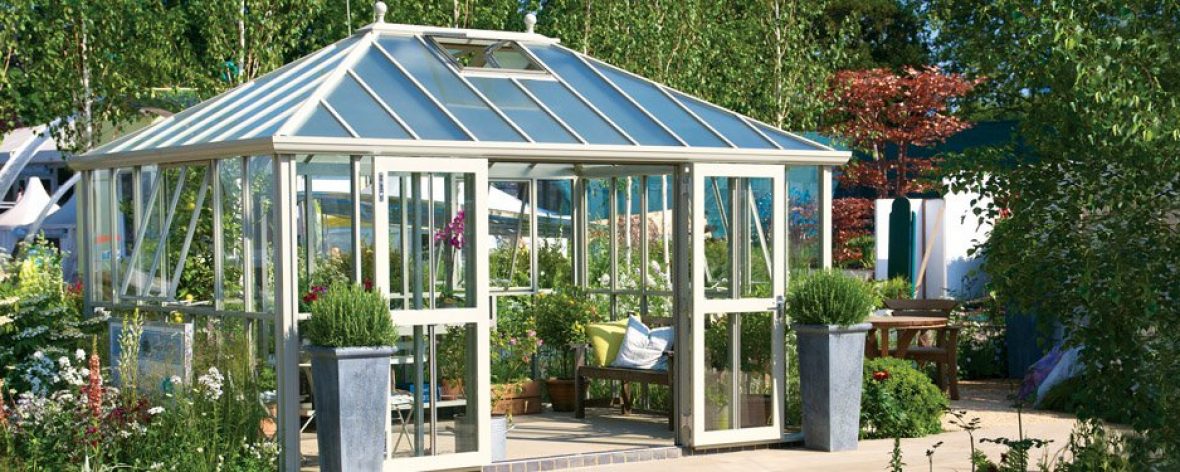 Front Left View of a White Hartley Botanic Westminster Greenhouse