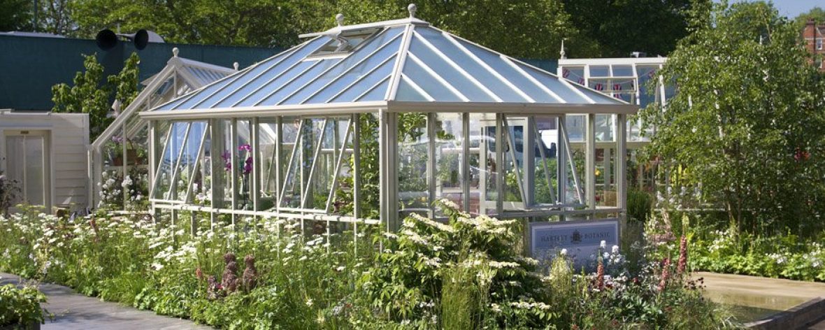 A White Hartley Botanic Westminster Greenhouse in a Garden