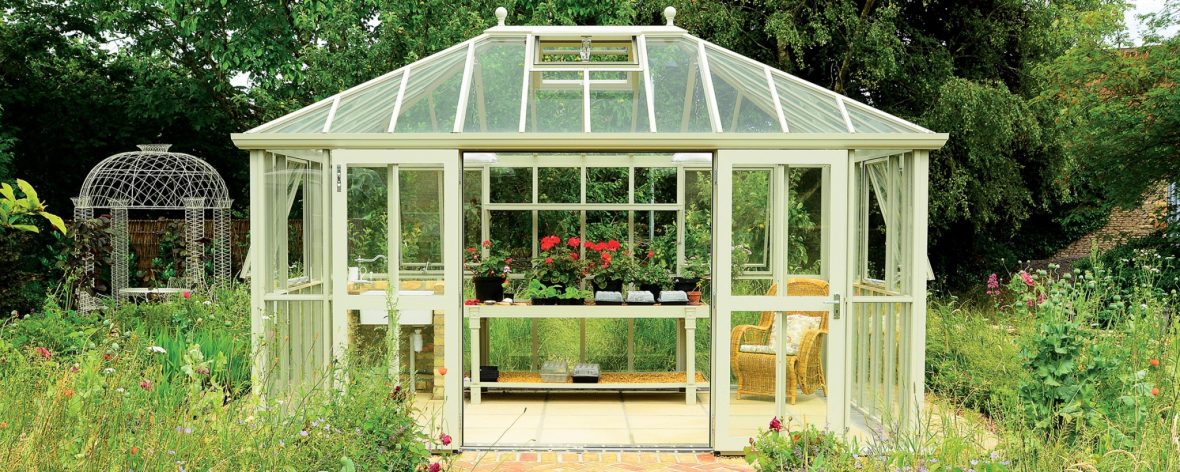 Front View of a White Hartley Botanic Westminster Greenhouse