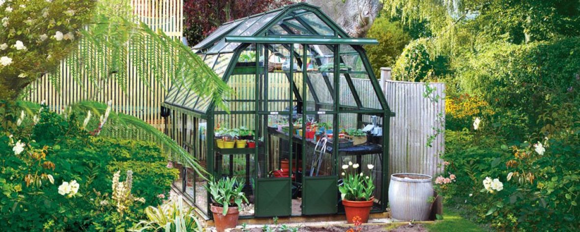 Front View of a Green Hartley Botanic Cottage Greenhouse.