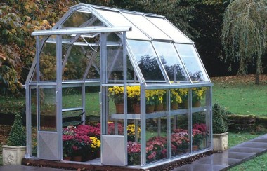 Front Right View of a White Hartley Botanic Cottage Greenhouse.